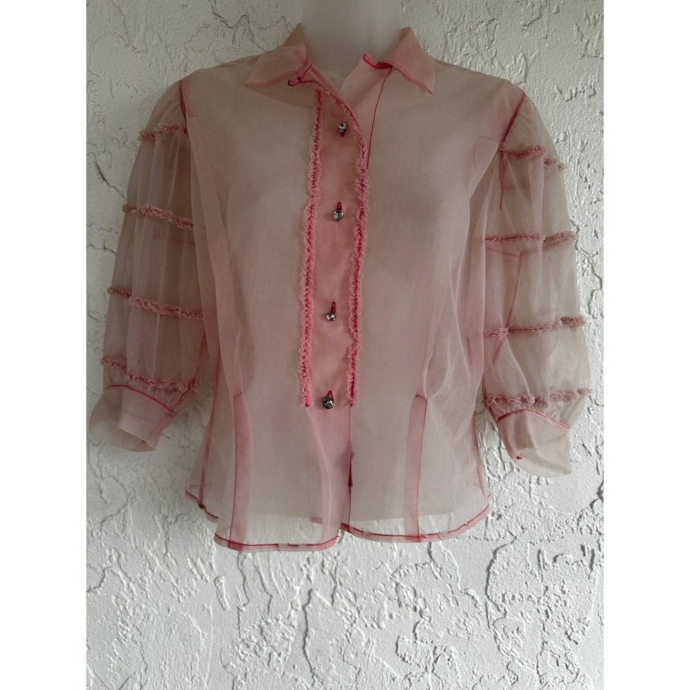 Vintage Glenwear Pink Sheer Ruffle Blouse Button Down Coquette Fairy Women Small